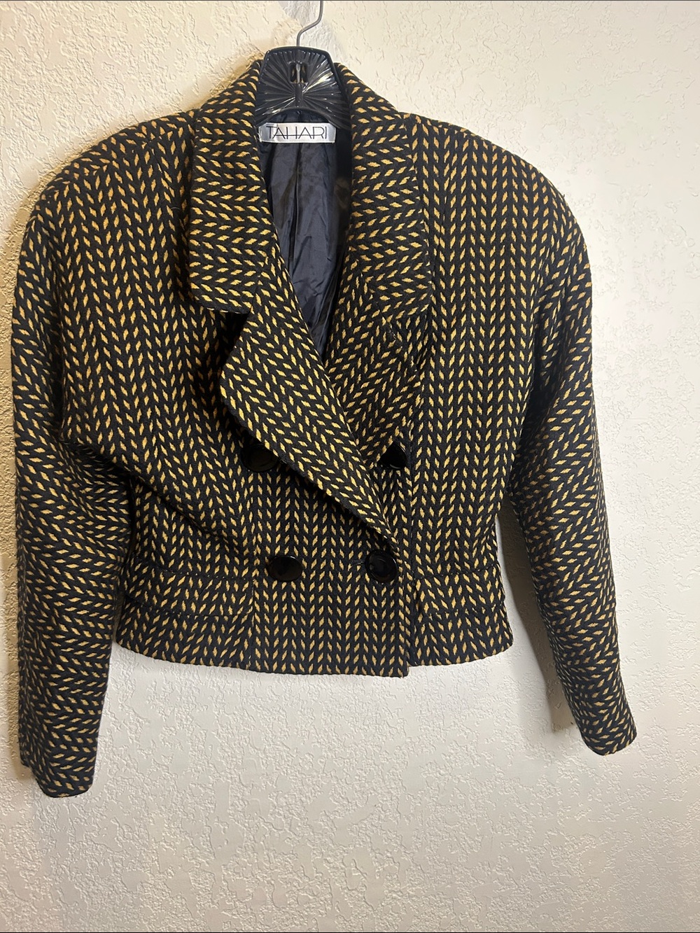 Tahari Black and Mustard Vintage Cropped Double-Breasted Blazer